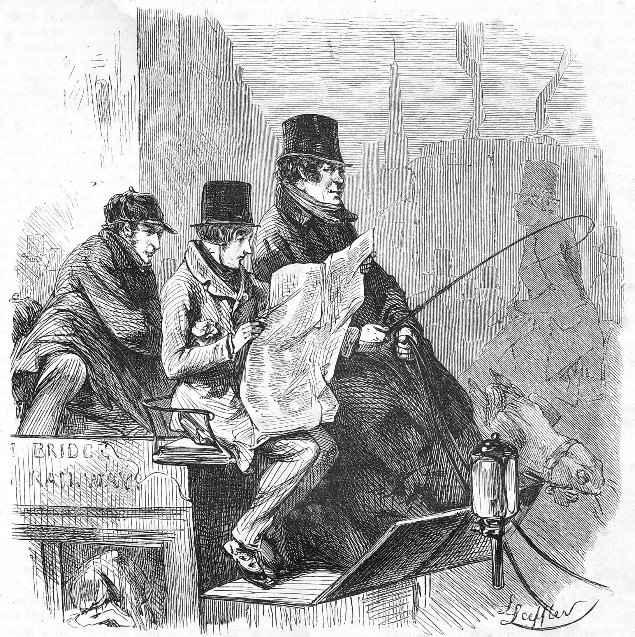 Die Abbildung zeigt den als Außenseiter bezeichneten Mann, der außen auf einem Kutschbock sitzt und dabei Zeitung liest.