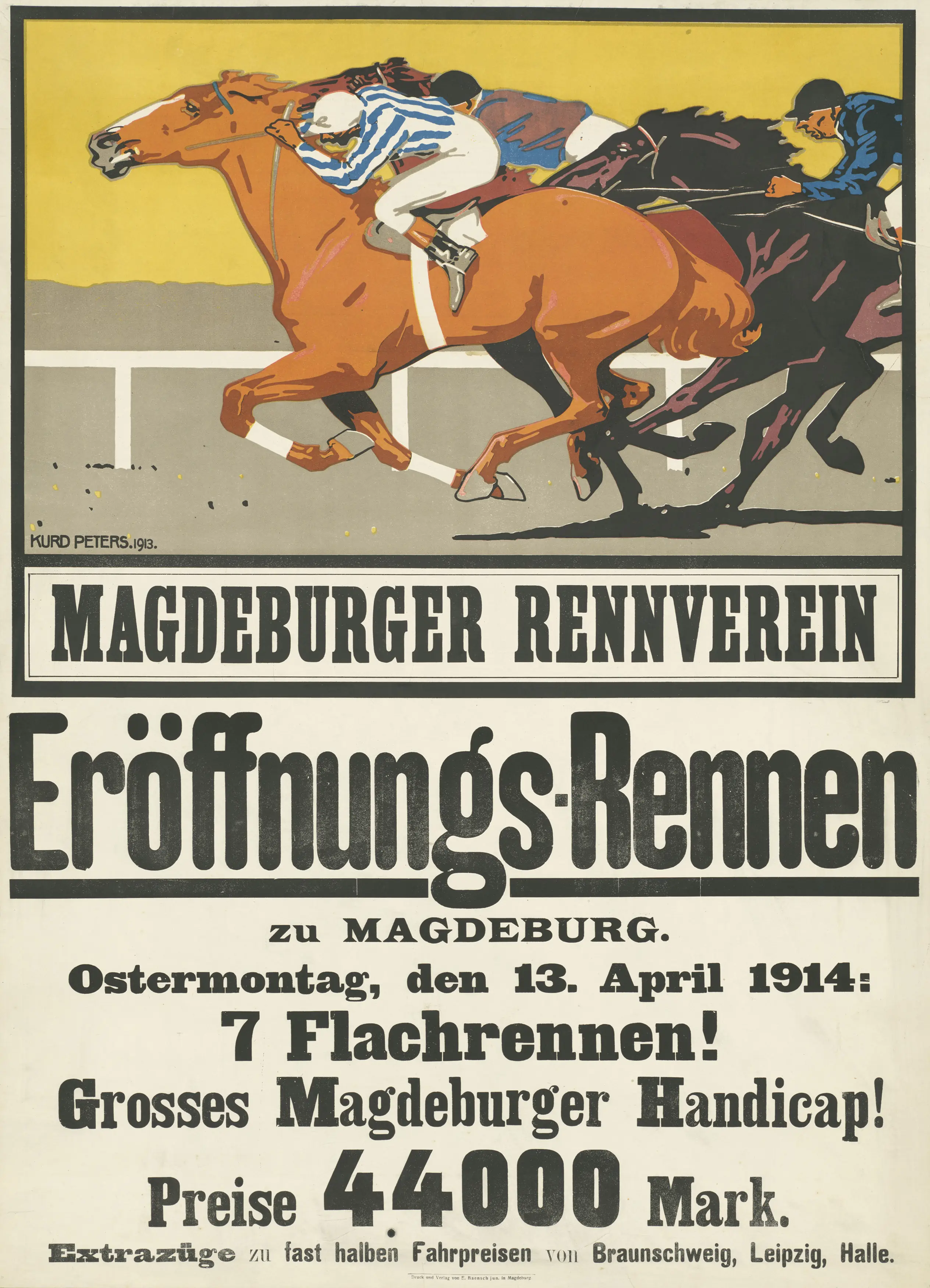 Die Abbildung zeigt ein von Dietmar Katz illustriertes Plakat zum Eröffnungsrennen des Magdeburger Rennvereins im Jahr 1914.
