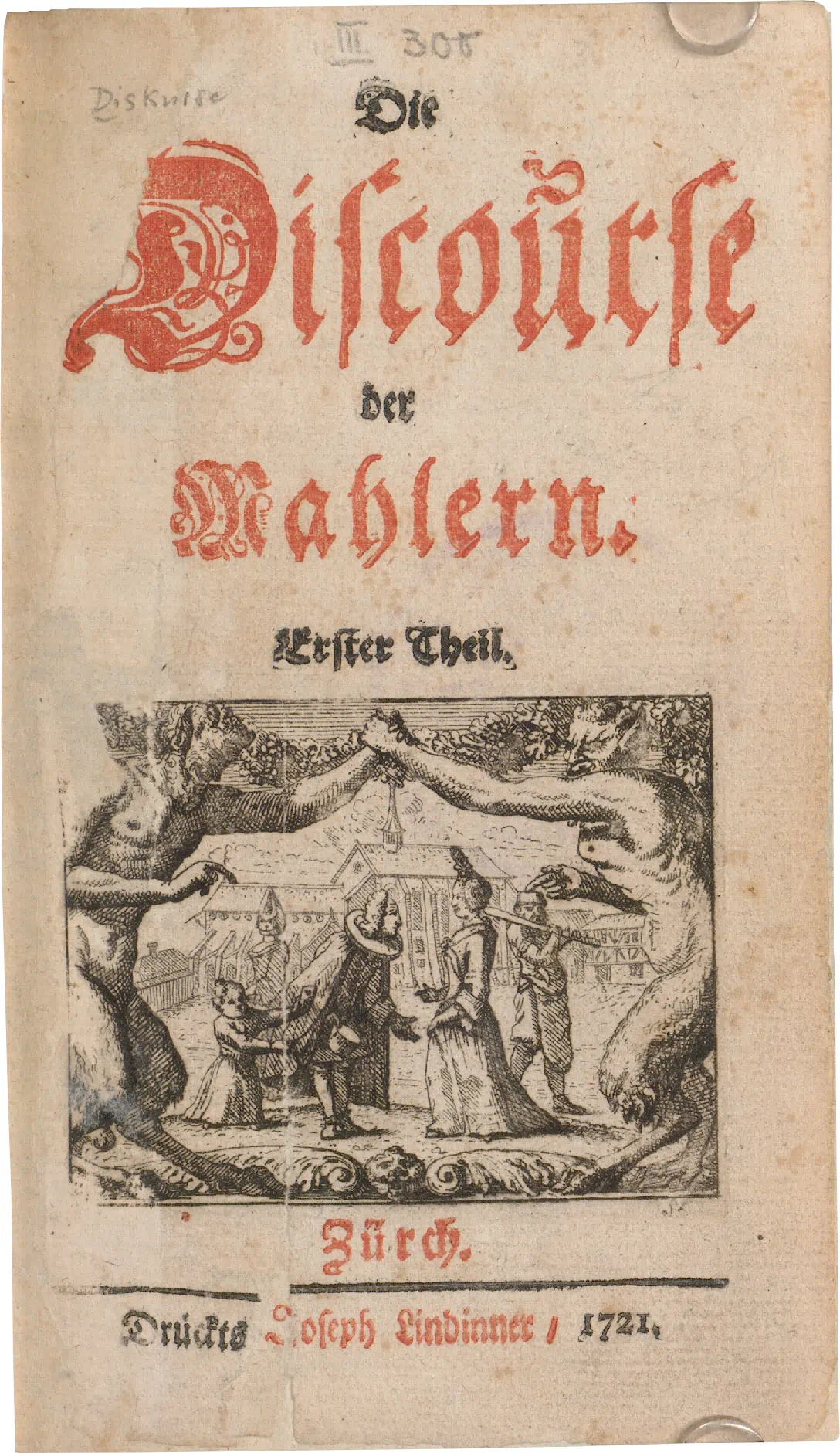 Die Abbildung zeigt das Titelblatt des ersten Bandes des Werks „Die Discourse der Mahlern“ aus dem Jahr 1721.