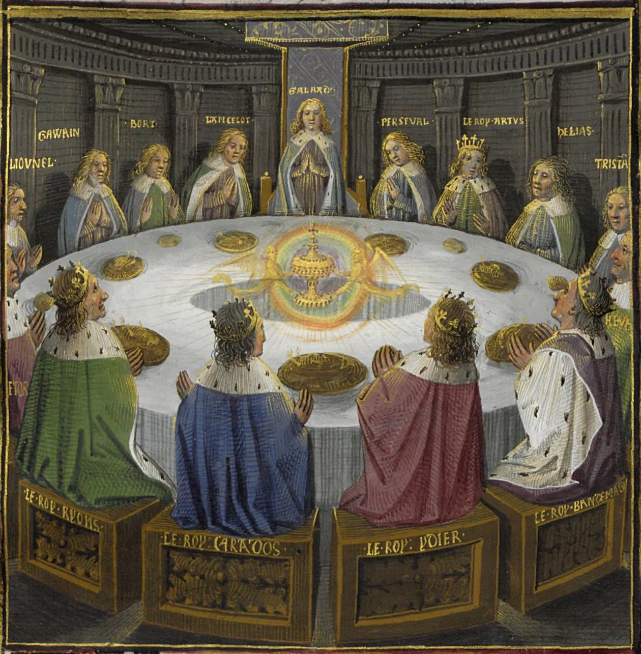Gezeigt wird eine bildliche Darstellung der Ritter der Tafelrunde an einem runden Tisch aus einer Handschrift des 15. Jahrhunderts